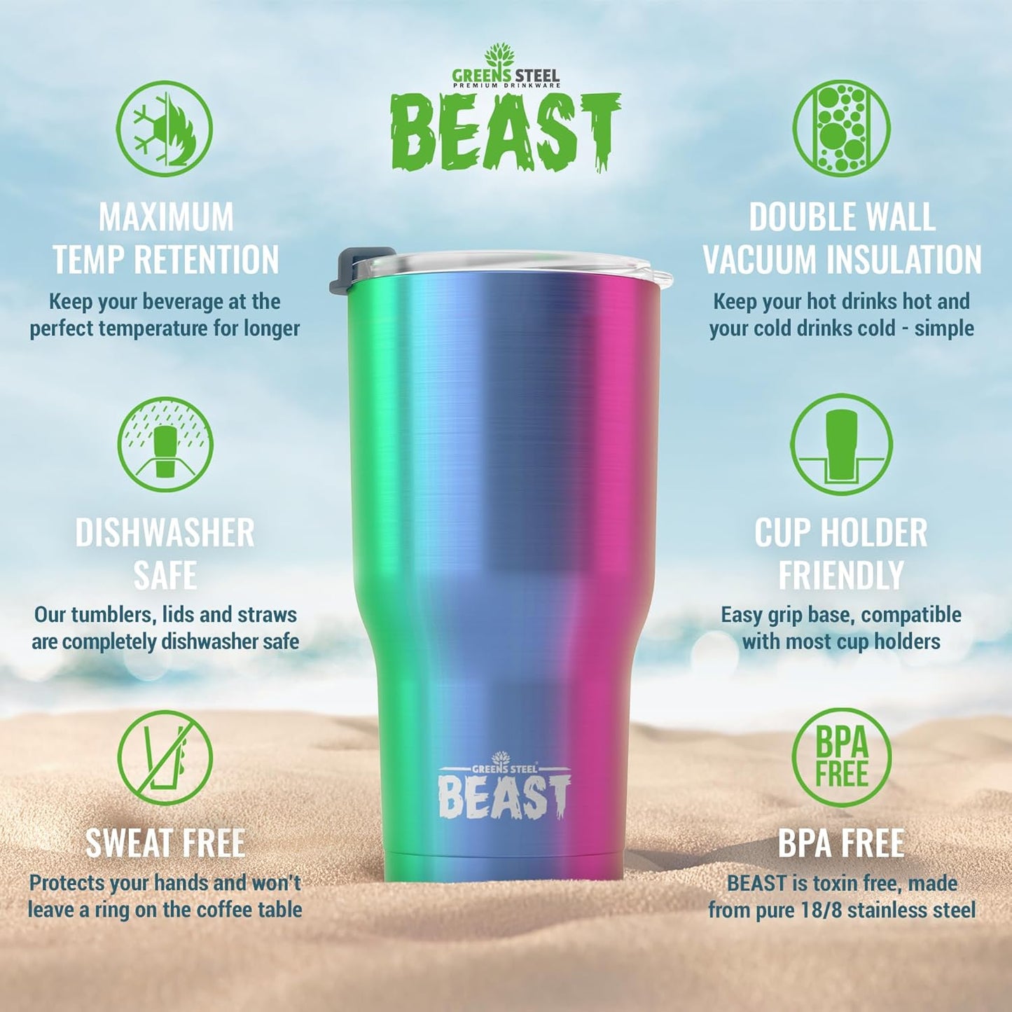 Beast 20 oz Tumbler Stainless Steel Vacuum Insulated Coffee Ice Cup Double Wall Travel Flask (Rainbow)
