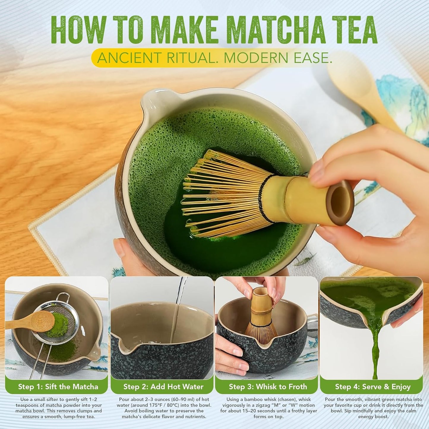 YUGEN MATCHA 7 Piece Matcha Whisk Set, Includes 30g Ceremonial Grade Matcha Powder, Metal Sifter, Bamboo Whisk, Whisk Holder, Bamboo Spoon, Tea Cloth, Matcha Bowl, Tea Set, Ceremony Set