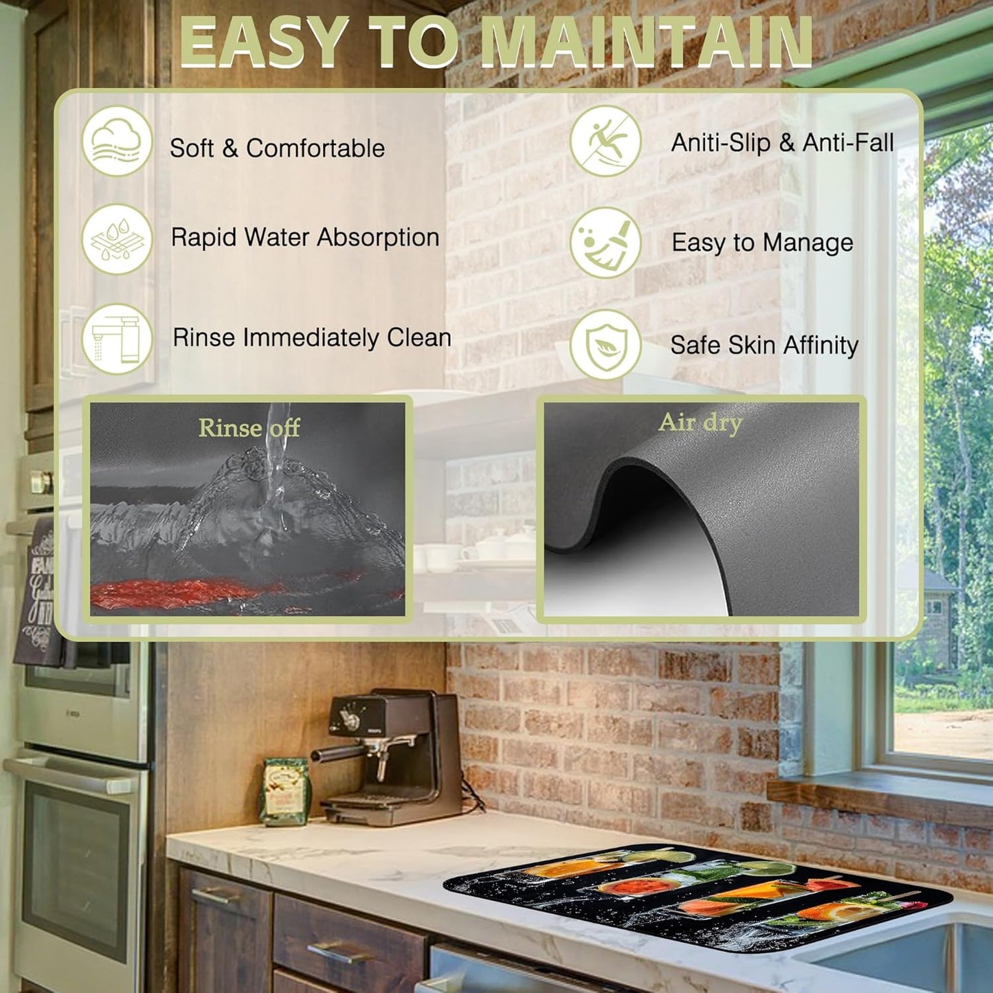 Dish Drying Mat Glasses Filled with Various Fruits Kitchen Mat 16"x24" Bsorbent Coffee Maker Mat for Dishes,Utensils Coffee Maker Pots and Pans Easy Clean Dish Slip Resistant Pad