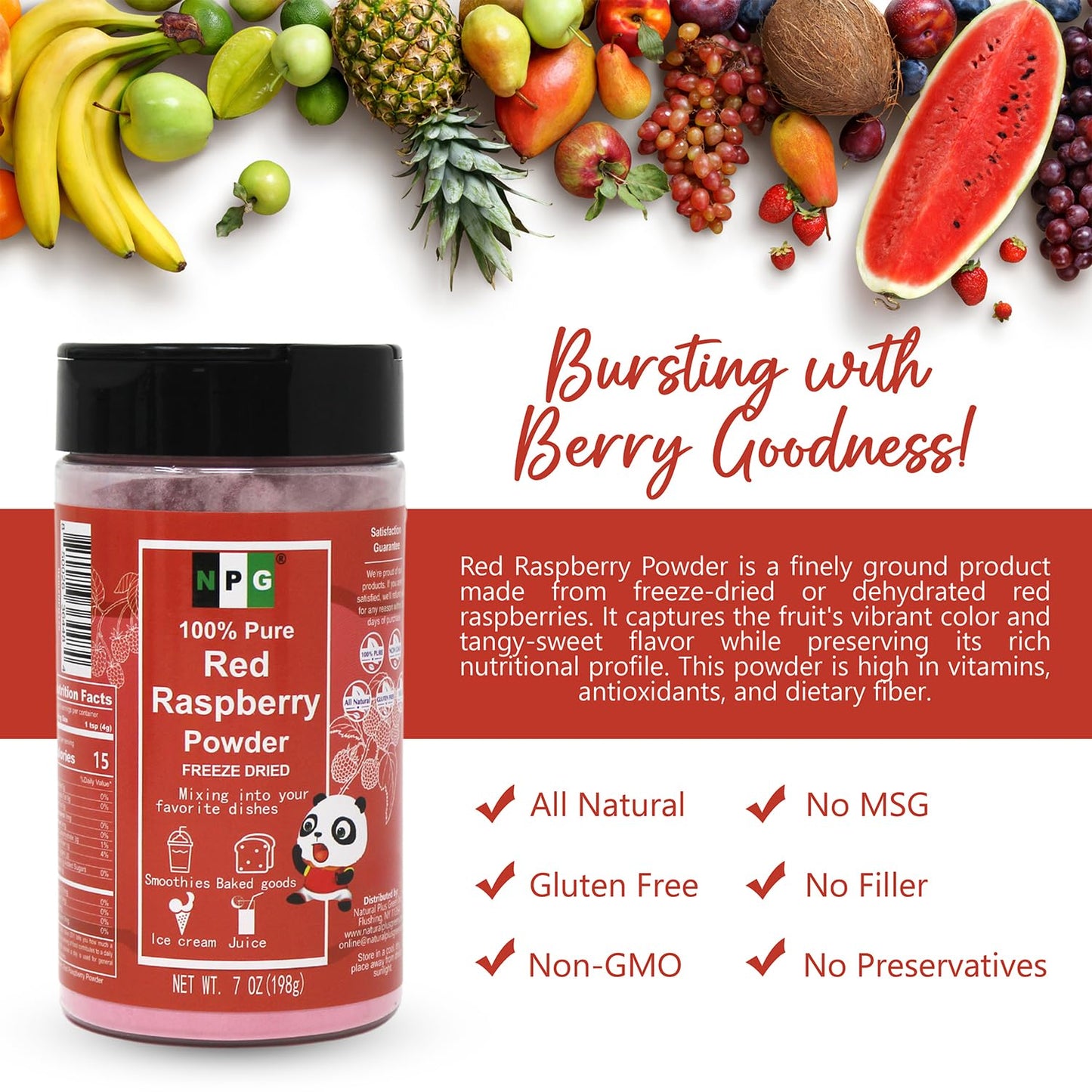 NPG Freeze Dried Red Raspberry Juice Powder 7 Oz, Seedless Fine Superfood Powder for Flavoring, Coloring, Baking, Smoothies, Purees, and Acai Bowls, All Natural