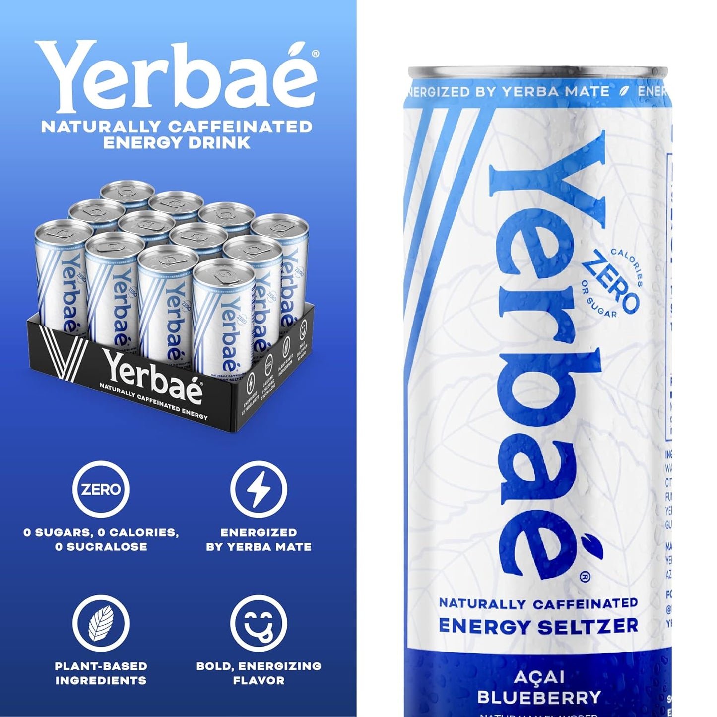 Yerbaé Energy Seltzer - Acai Blueberry, No Sugar/Calories/Carbs. Energized by Yerba Mate, Naturally Caffeinated, Plant-Based, Healthy Alternative to Coffee Sugary Sodas, Pack of 12, 12oz cans