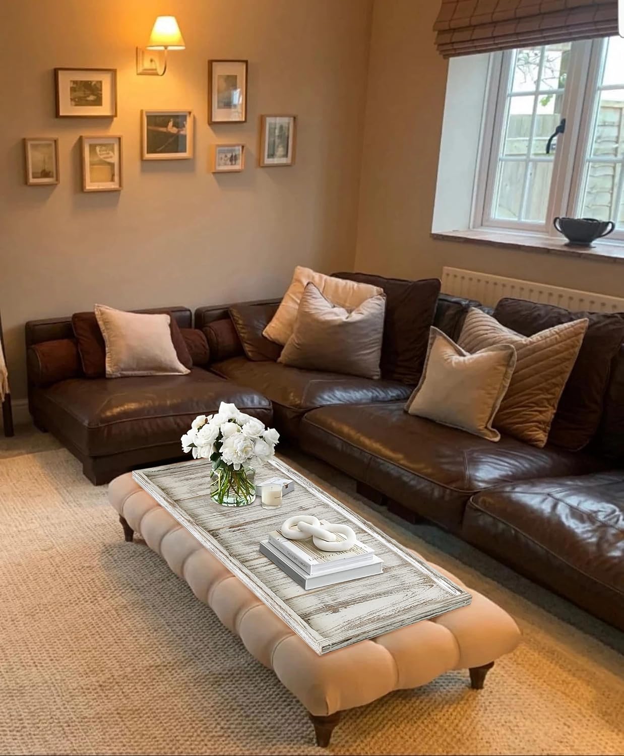 40"x20" Extra Large Long Rectangle Ottoman Table Tray - Rustic Wooden Serving Tray for Farmhouse Decorative Oversized Coffee Table Trays Living Room Kitchen Counter Breakfast White