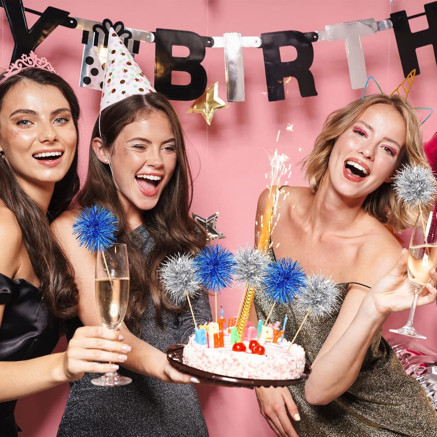 Chinco 100 Pcs Foil Firework Cupcake Toppers Sparkle Tinsel Cake Toppers Cake Decoration Cocktail Fruit Toothpick for Birthday Wedding Graduation Party(Silver, Blue)