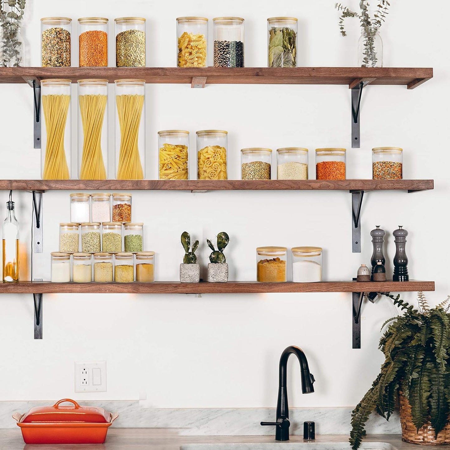 Glass Jars with Bamboo Lids (16oz in 9 Pack), Food Jars and Canisters Sets with lids, Food Storage Jars with Airtight Lids, Glass Pantry Jars