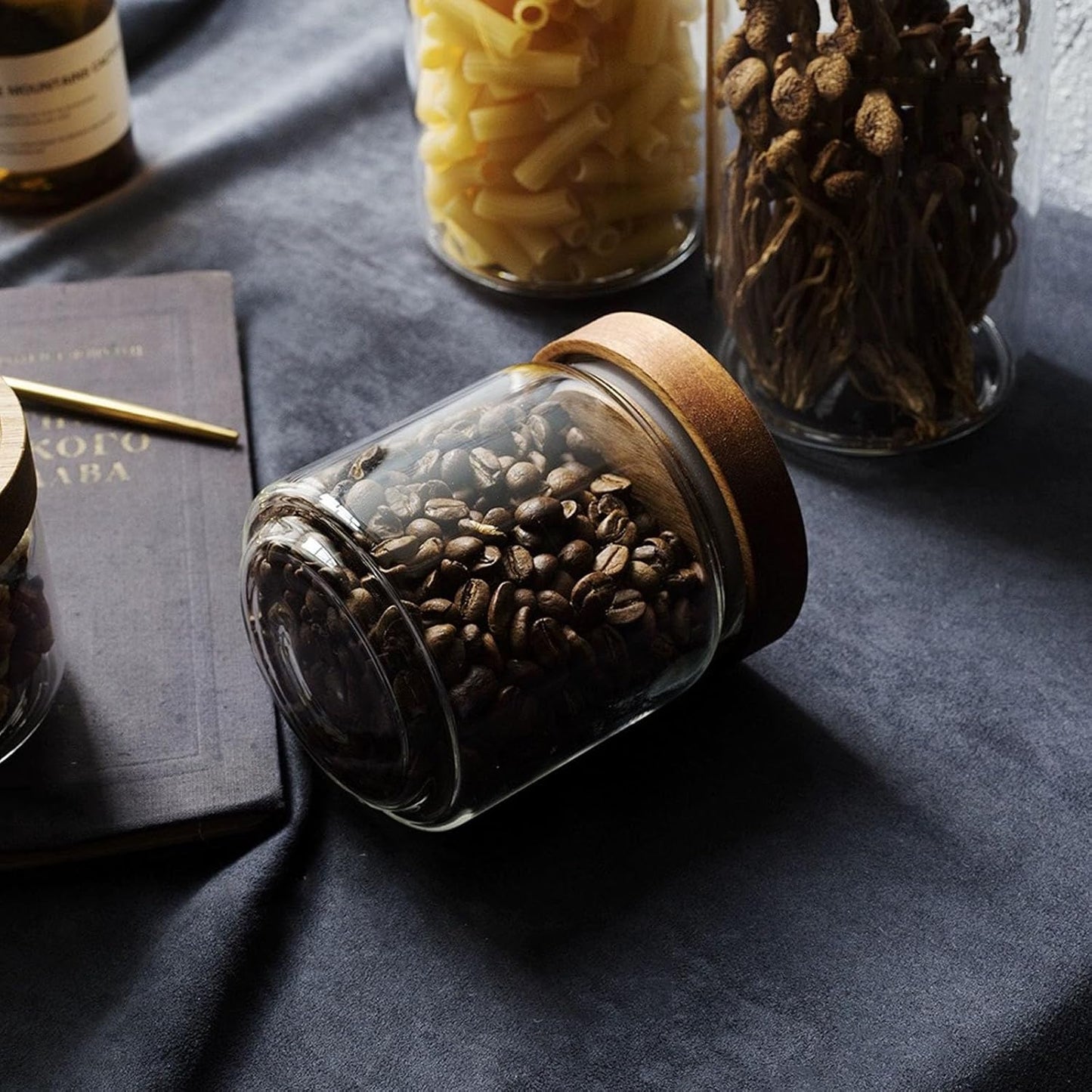 Glass jar candy Containers - 16oz kitchen Glass Airtight Storage jar With Acacia Airtight Lid,for kitchen Seasoning, coffee bean, tea, suger, herbs (4)