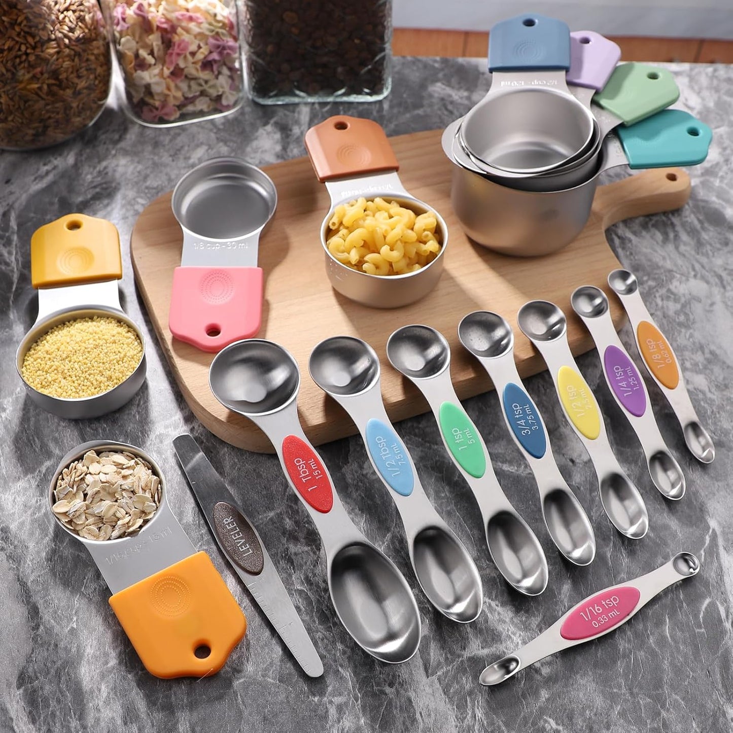 Magnetic Measuring Cups and Spoons Set Including 8 Stainless Steel Stackable Magnetic Measuring Cup 8 Magnetic Measuring Spoon with Leveler for Dry Liquid Ingredient