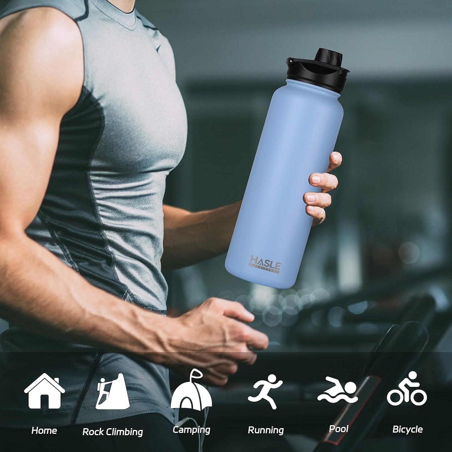 HASLE OUTFITTERS 32 oz Insulated Water Bottle Stainless Steel Double Walled Vacuum Sports Water Bottle with 2 Lids (Straw and Spout Lid) for Gym Camping Hiking(Blue,8)