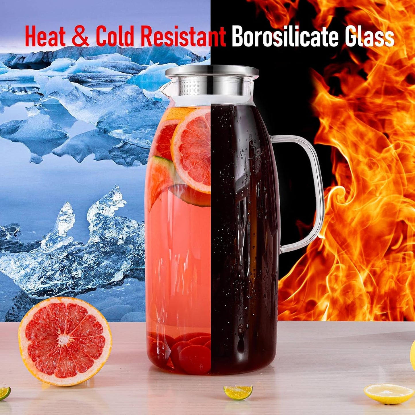 Glass Pitcher, veecom 105 Oz Large Glass Water Pitcher with Handle and Lid, Pitchers for Drinks, Iced Tea Pitcher for Fridge, Lemonade Juice Jugs