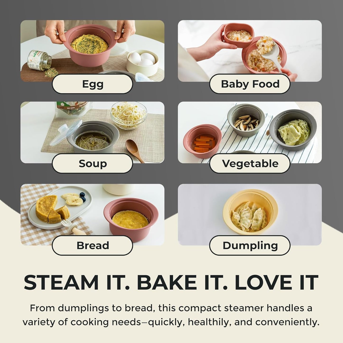 27oz Platinum Silicone Microwave Steamer Pot with Handle & Lid - Korea 100% Food-Grade Steamer Bowl, Heat-Resistant Cooker with Steam Holes, Easy Clean, Dishwasher Safe, Taupe Brown