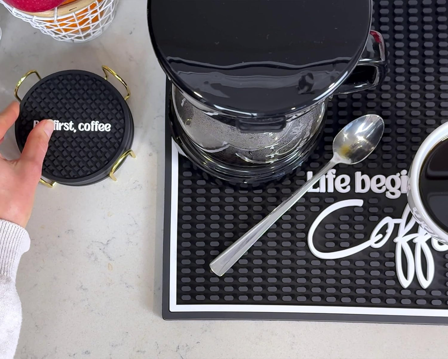 Life Begins After Coffee Bar Mat Sign for Countertop, 18x12 Coffee Machine Mat, Barista Shop Essentials for Your Station, Espresso Machine Protection for Countertop, Silicone Mats for Kitchen Counter