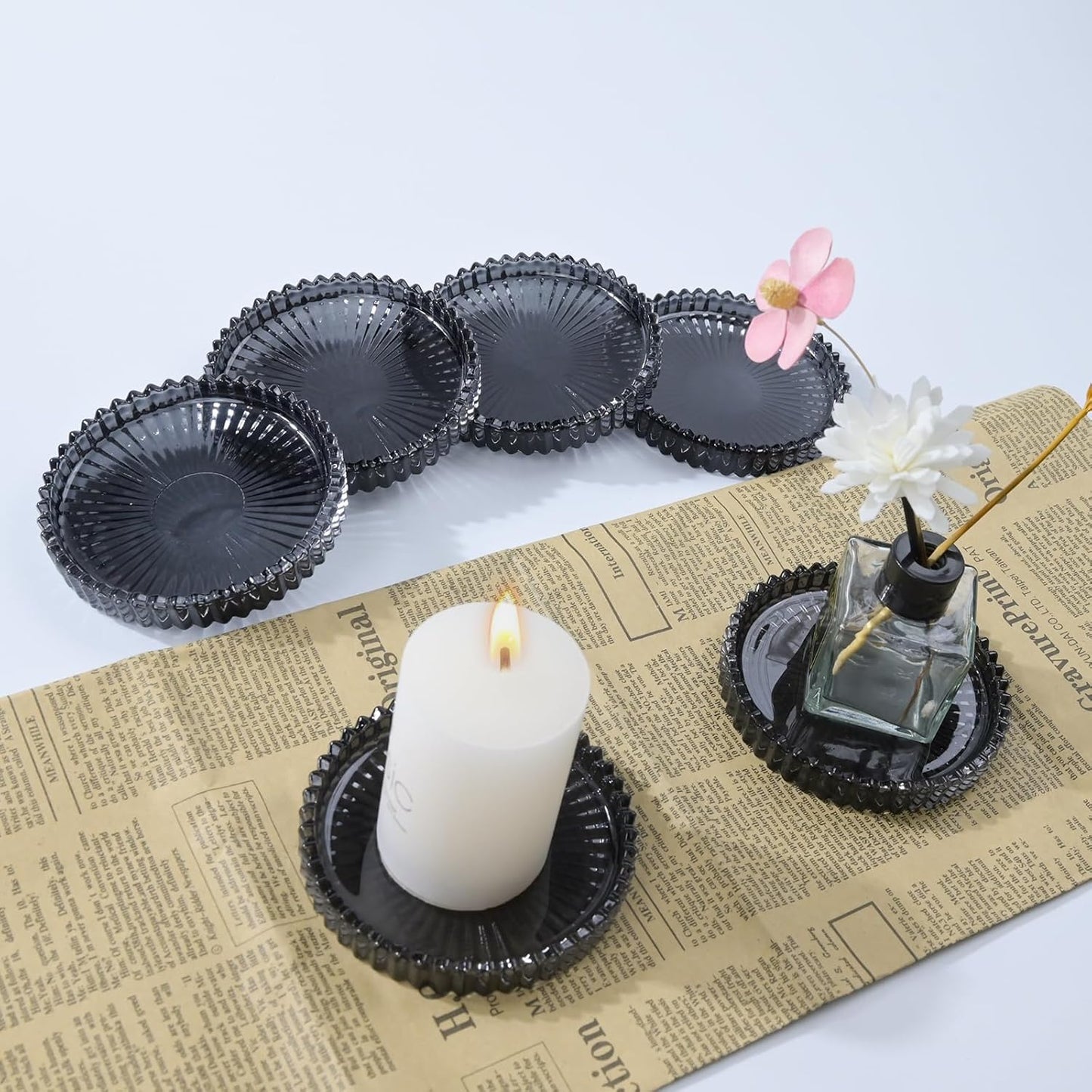 Glass Coaster 6 Pack Round Cup Coasters for Drinks,Crystal Coffee Coaster,Stylish Drink Coasters for Kitchen Bar Dining Room Living Room Office Decor and Jewelry Storage,Gray