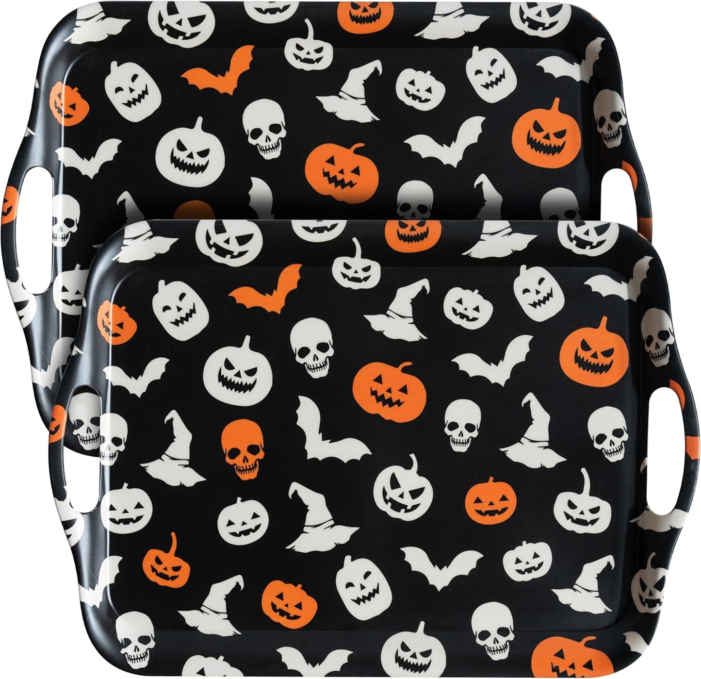 Oasis Choice 2-Pack Halloween Bamboo Fiber Serving Trays - 18x13 Inch Large Platters w/Handles for Horror Party, Birthday,BBQ, Buffet - Pumpkin, Bat & Skeleton Decor (Spooky Black, 18inch)