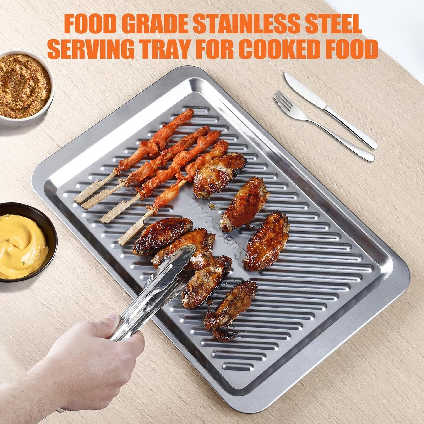 Grilling Prep and Serve Trays Set of 2 Stackable Stainless Steel BBQ Trays Marinating Tray Food Serving Platter for Cooked and Raw Meat BBQ Prep Tub Dishwasher Safe