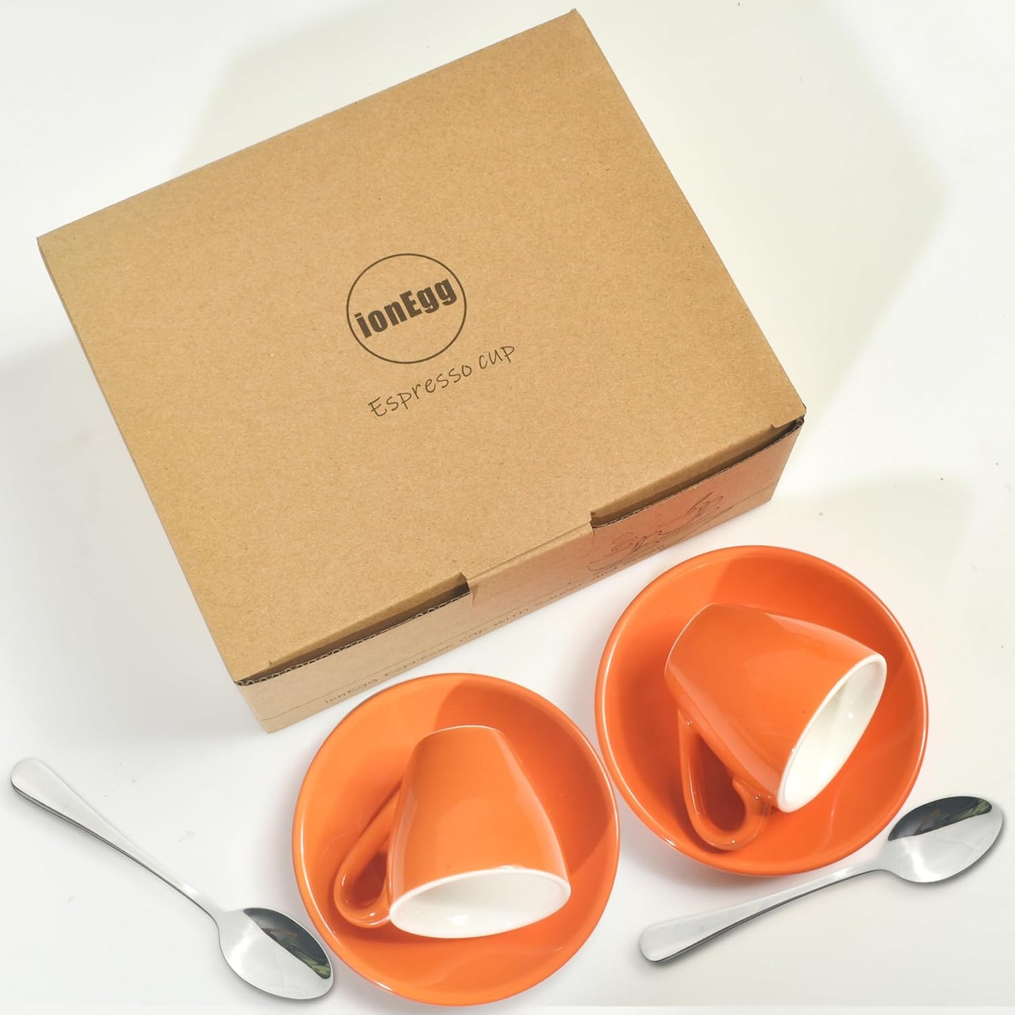 Porcelain Espresso Cup with Saucer And Stainless Steel mini Spoons, Espresso shot Cup, 80ml/2.7Oz, Pack of 2, Orange