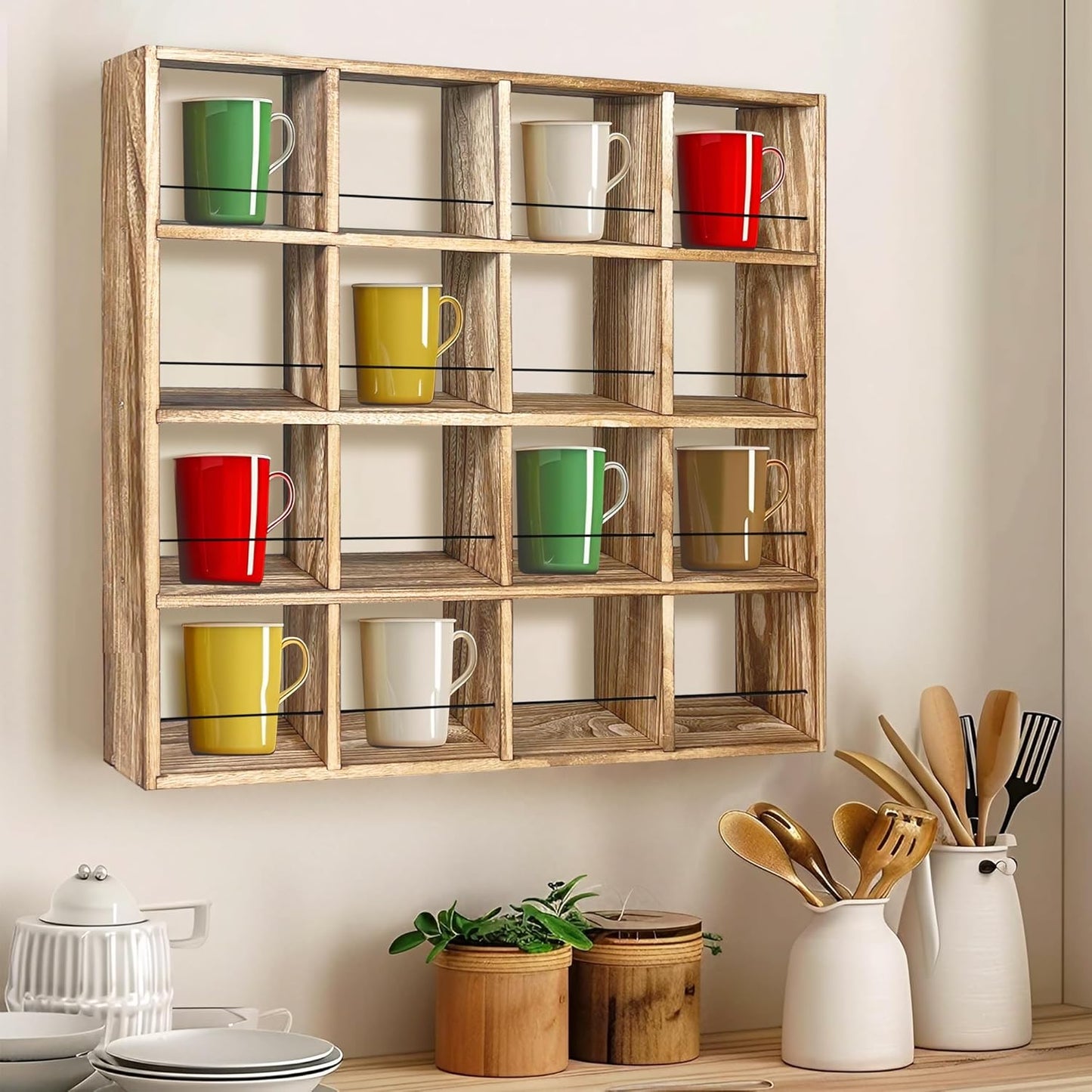 Montex Coffee Mug Holder, Mug Rack Wall Mounted, 3 Tier Coffee Mug Shelf, Rustic Coffee Mug Display Rack for Kitchen, Home, Coffee Bar(16 Grids)