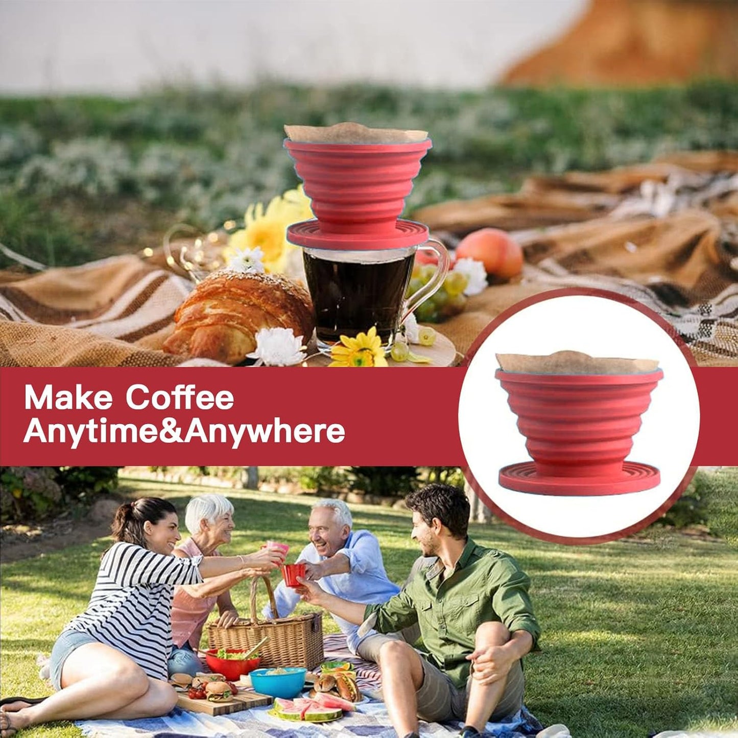 Collapsible Pour Over Coffee Dripper Set - Silicone Reusable Cone Filter Holders with 100Pcs Paper Filters - For Home, Camping, Travel, Office (1, Red)