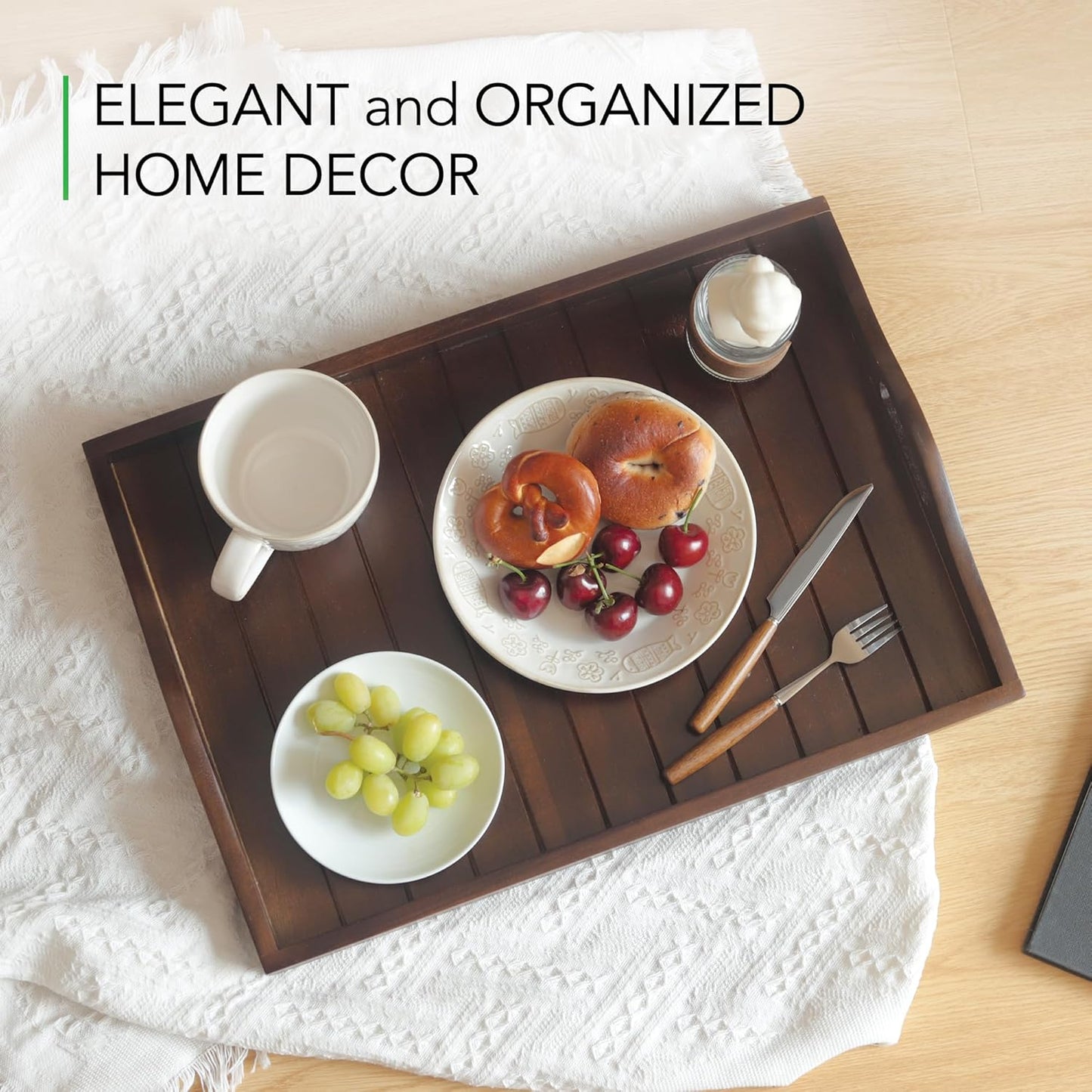 Large Acacia Wooden Serving Tray with Handles 20 x 14 inch Decorative Coffee Table Ottoman Tray for Living Room Extra Large for Kitchen Dinner Food Bar Breakfast in Bed (Color Brown)