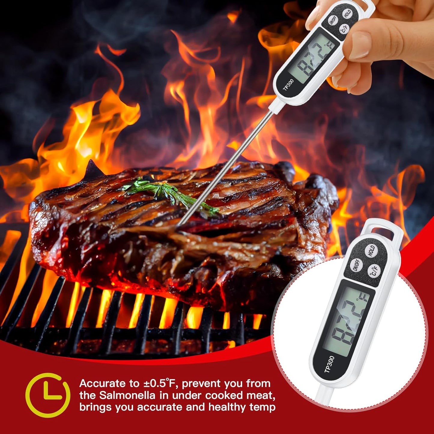 Meat Food Thermometer Food with Probe Water Liquid Instant Read Digital Thermometer Kitchen Cooking Supplies for Cooking BBQ Milk Yogurt(White)