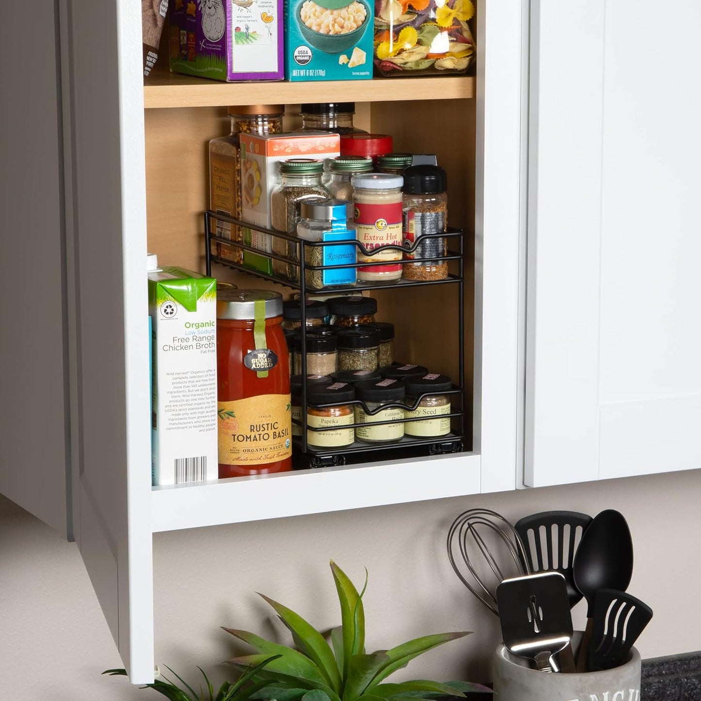 Pull Out Cabinet Organizer for Spices, Cans - Heavy Duty with Lifetime Limited Warranty- Pull Out Spice Rack- Cabinet Pull Out Shelf for Cans,Dishes, Etc, 6-1/2"Wx10-3/8"Dx8-7/8"H, Black