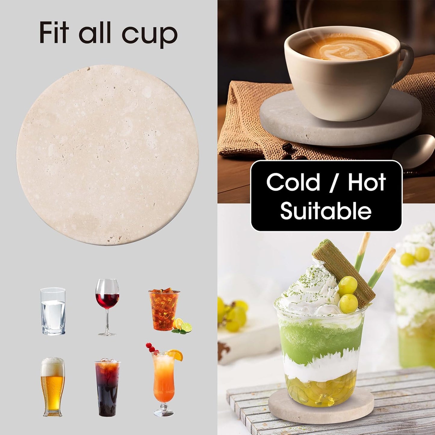 CASACOUTURE-Travertine-Stone-Coasters Set of 4-Round -4" Diameter Drink Coasters for Housewarming Gift, Desktop Protection Suitable for Various Cups - Sturdy and Durable Aesthetics