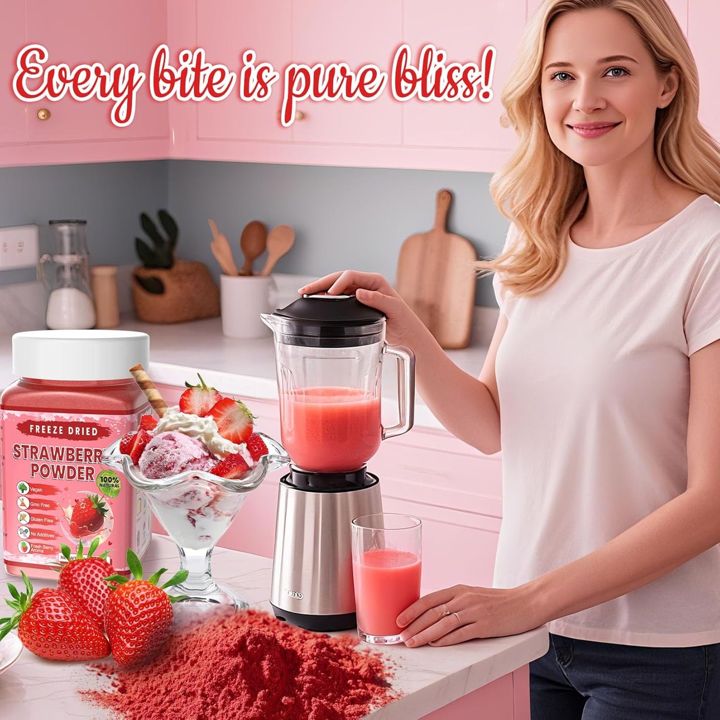 Freeze Dried Strawberry Powder - Kiigfood 4.3 oz/120g Natural Strawberry Powder Fruit Powder, Strawberries Source for Smoothie, Drinks, Baking, Cakes Decoration - Vegan, Non-GMO, Gluten-Free