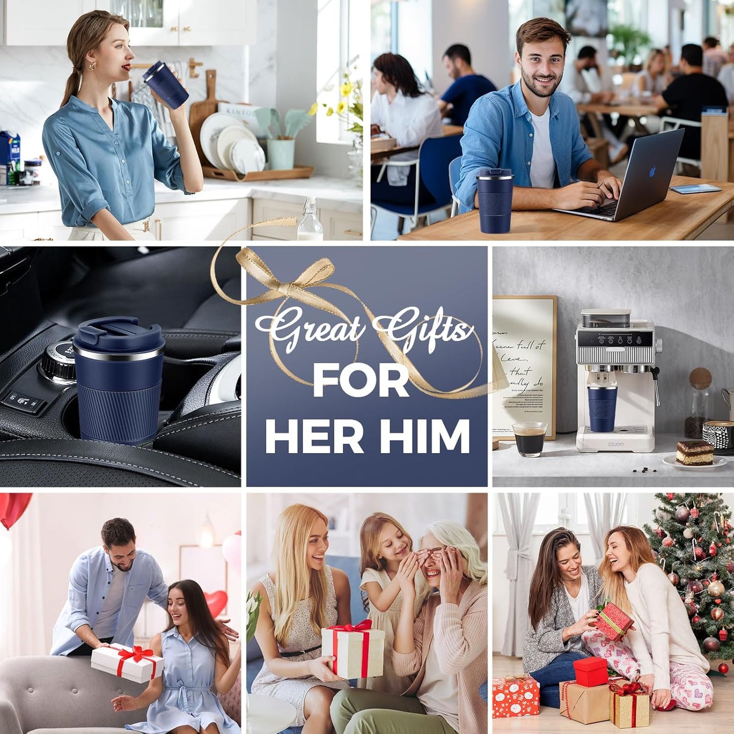 Volhoply 13 oz Stainless Steel Insulated Travel Coffee Mug with Fip Lid,Reusable Double Wall Vacuum Metal Coffee Cup,Portable to Go Leak Proof Cafe Thermal Tumbler for Hot & Cold Drinks(Navy,1)