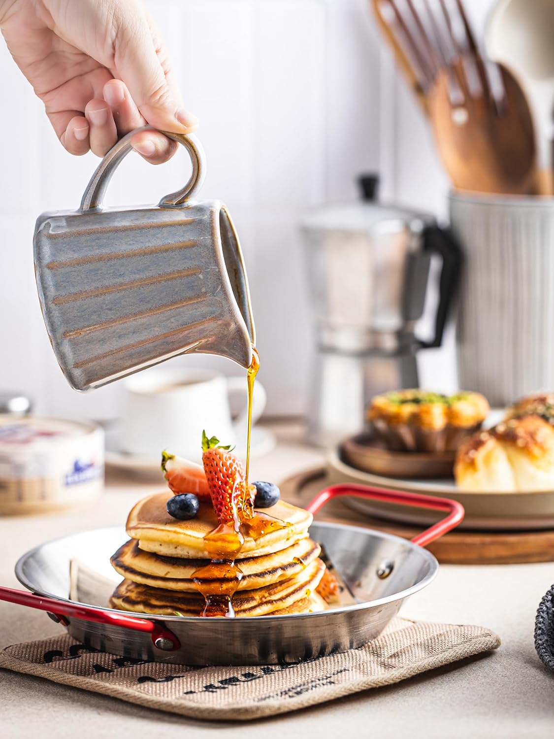 Ceramic Creamer Pitcher,Creamer Container with Handle, 10 OZ Small Milk Pitcher for Coffee, Sauces, Salad, Gray