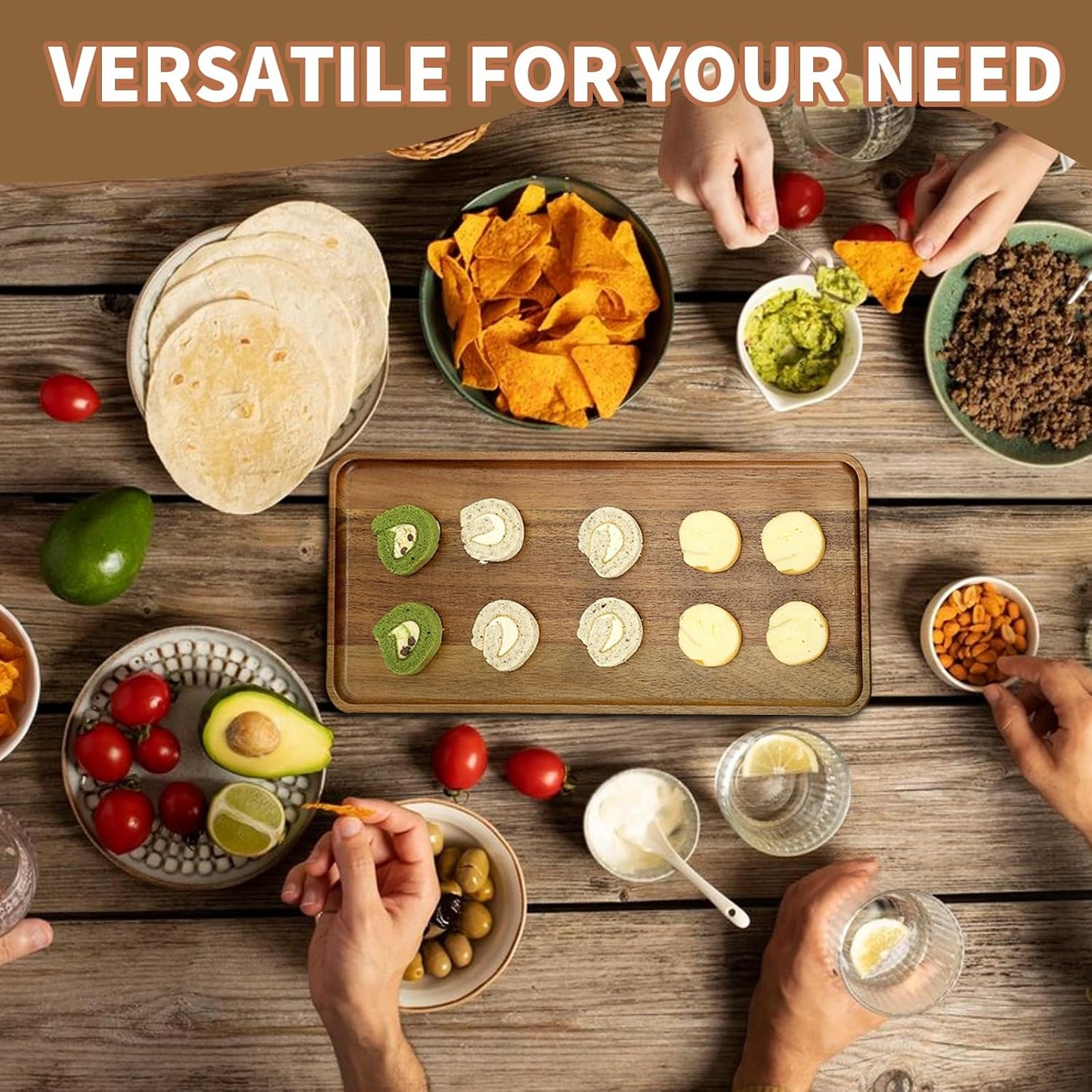 3 pcs 14"x5.3" Solid Acacia Wood Serving Trays Rectangular Wooden Serving Platters Natural Wooden Boards for Bar Coffee Party