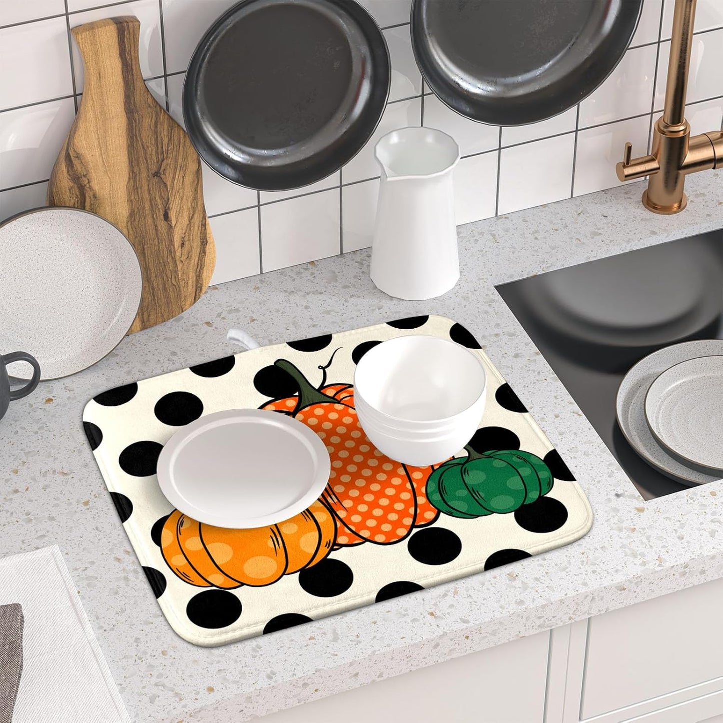 Autumn Pumpkin Dish Drying Mat for Kitchen Counter,Black Round Dot Decoration Drying Mat 16 x 18 Inch with Absorbent Reversible Microfiber Dish Drying Pad Dish Rack Drainer Mat for Coffee Bar