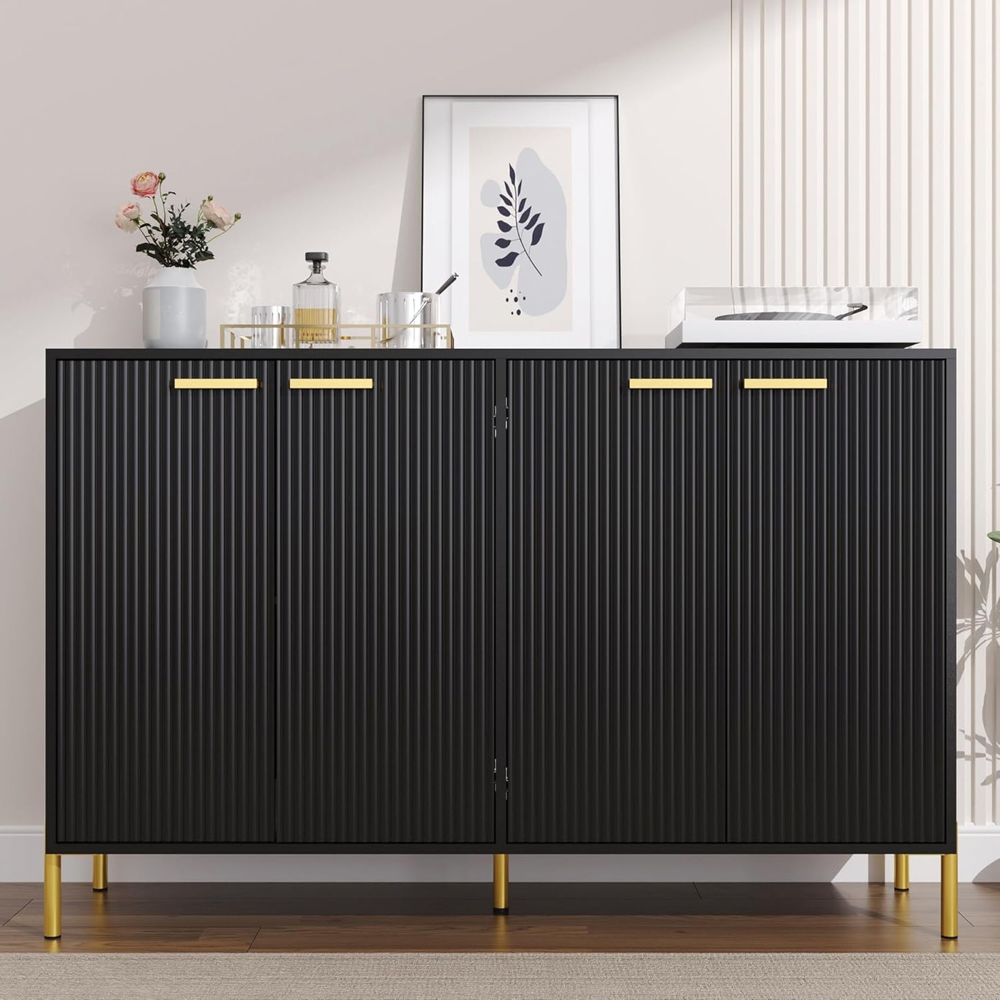 Black Fluted Sideboard Cabinet - Luxury Buffet Table with 4 Doors, Large Coffee Bar Station for Living Room, Kitchen, Hallway, Entryway Storage