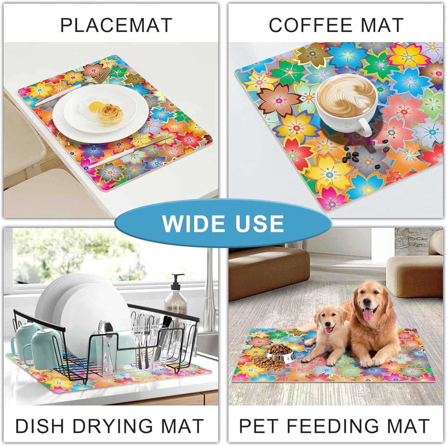 Coffee Mat for Kitchen Counter - Hide Stain Absorbent Dish Drying Mat, Rubber Coffee Bar Mats, Drying Pads, Accessories Fit Under Tea Pot, Cafe Maker, Espresso Machine, Dish Rack, 19"x12", Flowers