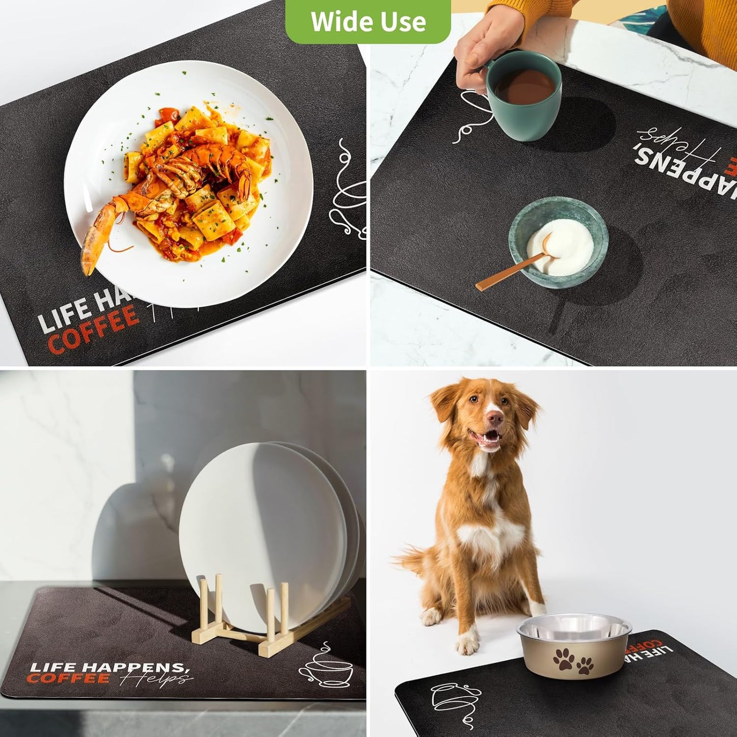 Matace Designer Coffee Bar Mat, Small 12 x 19 Inches, Rubber Backing, Absorbent Coffee Maker Mats for Dish Drying, Kitchen Countertop, Life Happens Coffee Helps, Black