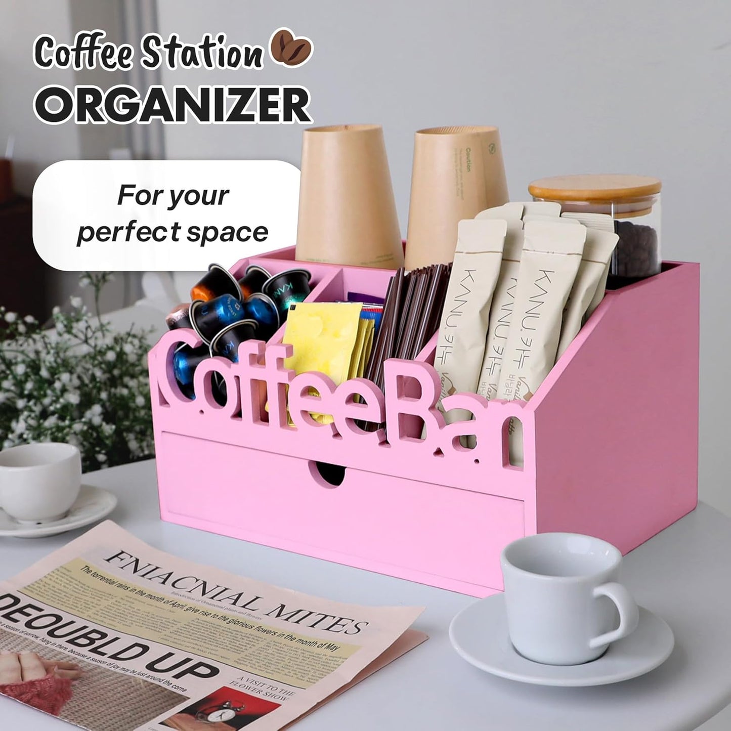Coffee Bar Organizer for Countertop – Wooden Coffee Station with Black Drawer, Tea and K Cup Storage Rack, Coffee Pod Holder for Home and Office Counter Organization (Drawer - Pink)