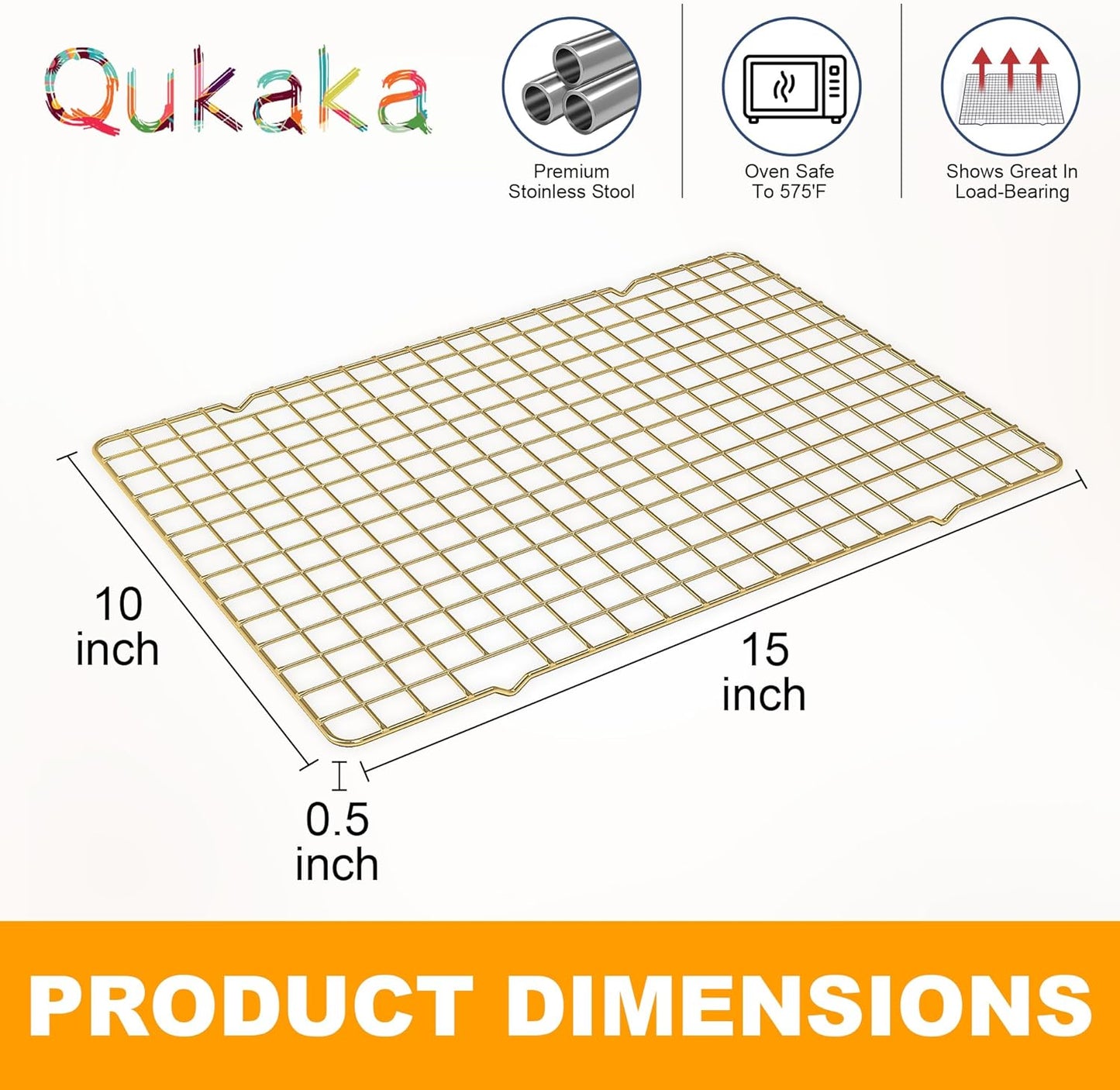 2-Pack Cooling Racks for Cooking and Baking - 10" x 15"Heavy Duty Stainless Steel Wire Rack for Baking, Grilling, Roasting - Oven & Dishwasher Safe - Fits Jelly Roll Sheet Pan(Gold)