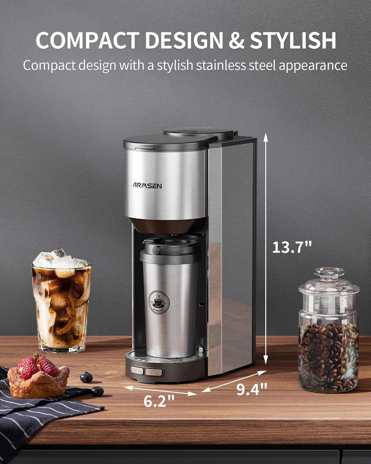 AIRMSEN Single Serve Coffee Maker with Grinder, Grind and Brew All in One - 6-16 Oz Single Cup Coffee Machine with 19 oz Travel Mug - Adjustable Drip Tray, Overheat Protection
