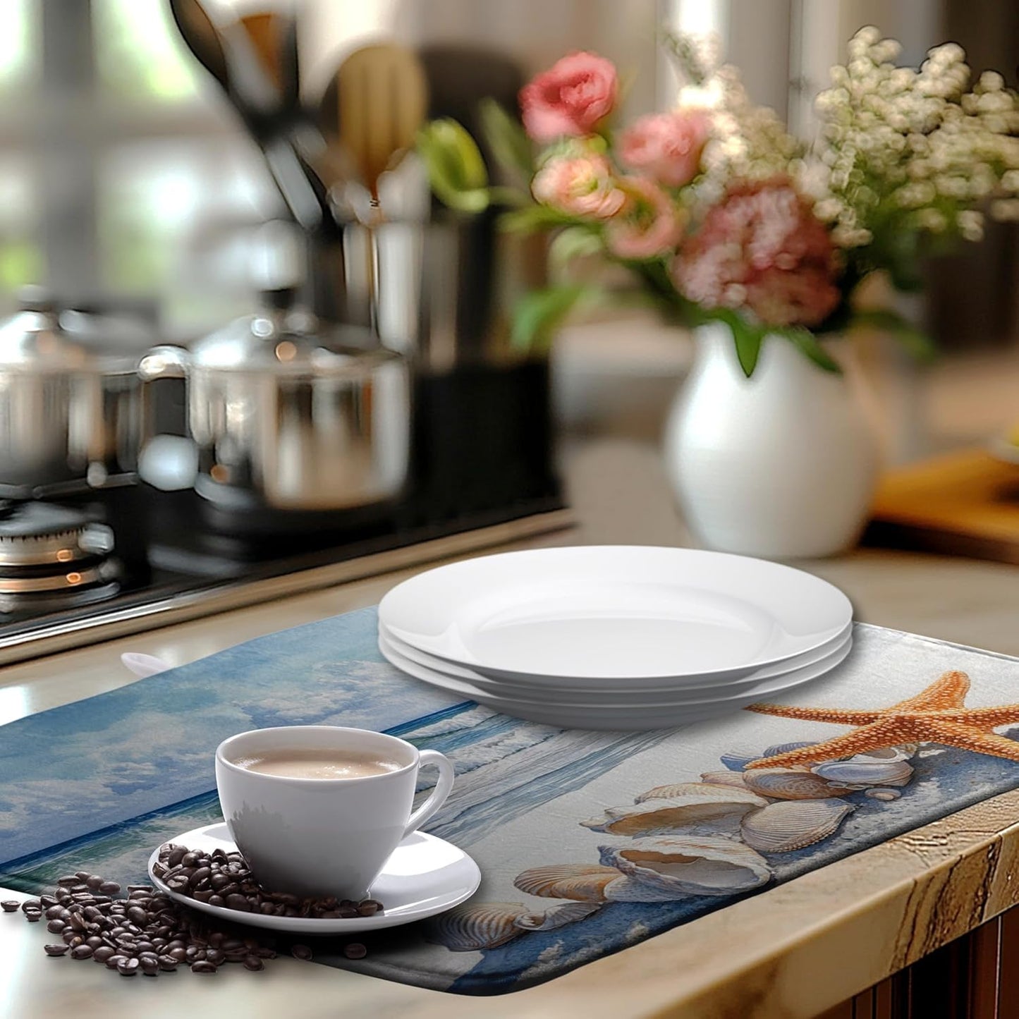 Summer Beach Dish Drying Mat for Kitchen Counter Starfish Coastal Shells Kitchen Dishes Dryer Pad Absorbent Matt Microfiber Washable Foldable Reusable Large 18x24 in