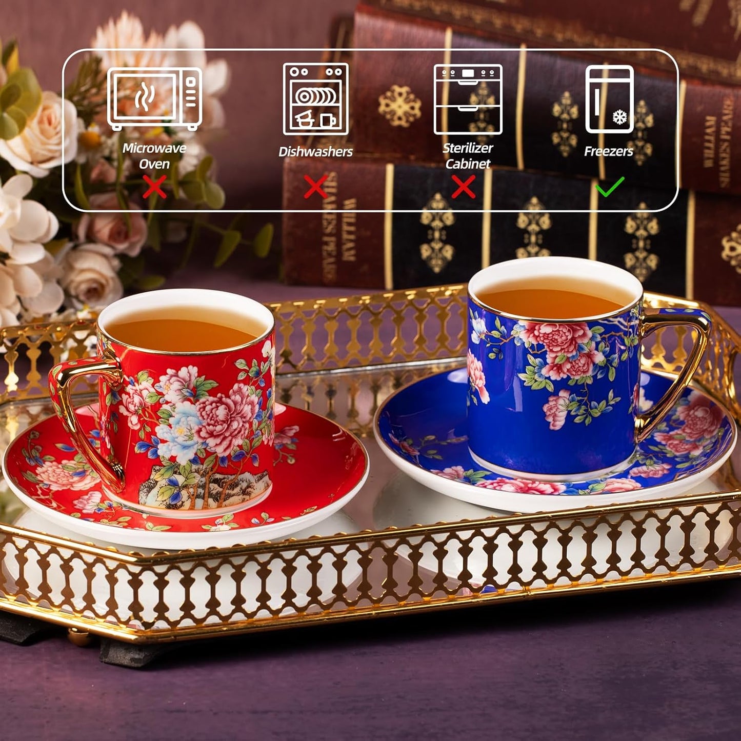 KAMMAK Tea Cups and Saucers Set of 2, Porcelain Coffee Cups with Saucer for Espresso, Cappuccino, 7.5oz Vintage Red and Blue Ceramic Demitasse Mug for Home, Tea Party, Office