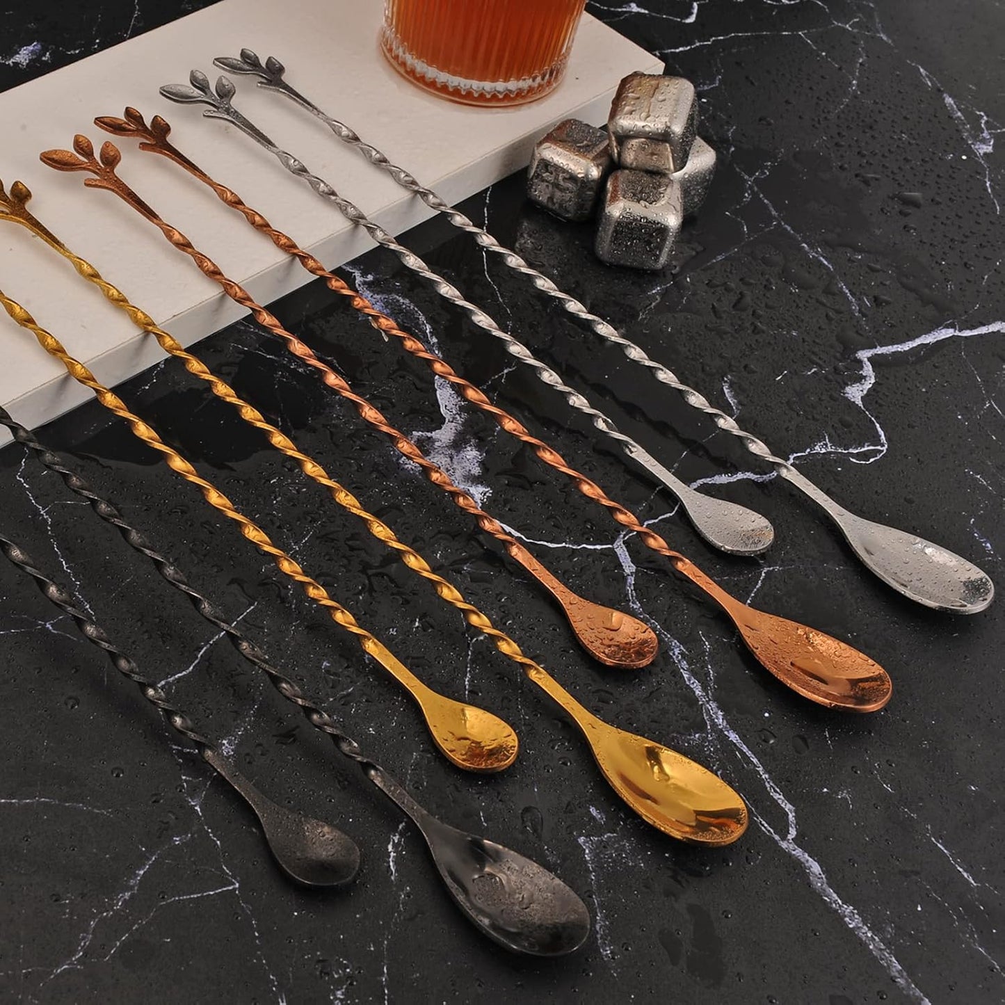 AnSaw Silver 10-Inch Stainless Steel Cocktail Spoon with Leaf Handle - Perfect for Mixing & Layering Drinks in Tall Cups, Bar & Shakers - Durable Long Handle Bar Stirrer,2-Pieces