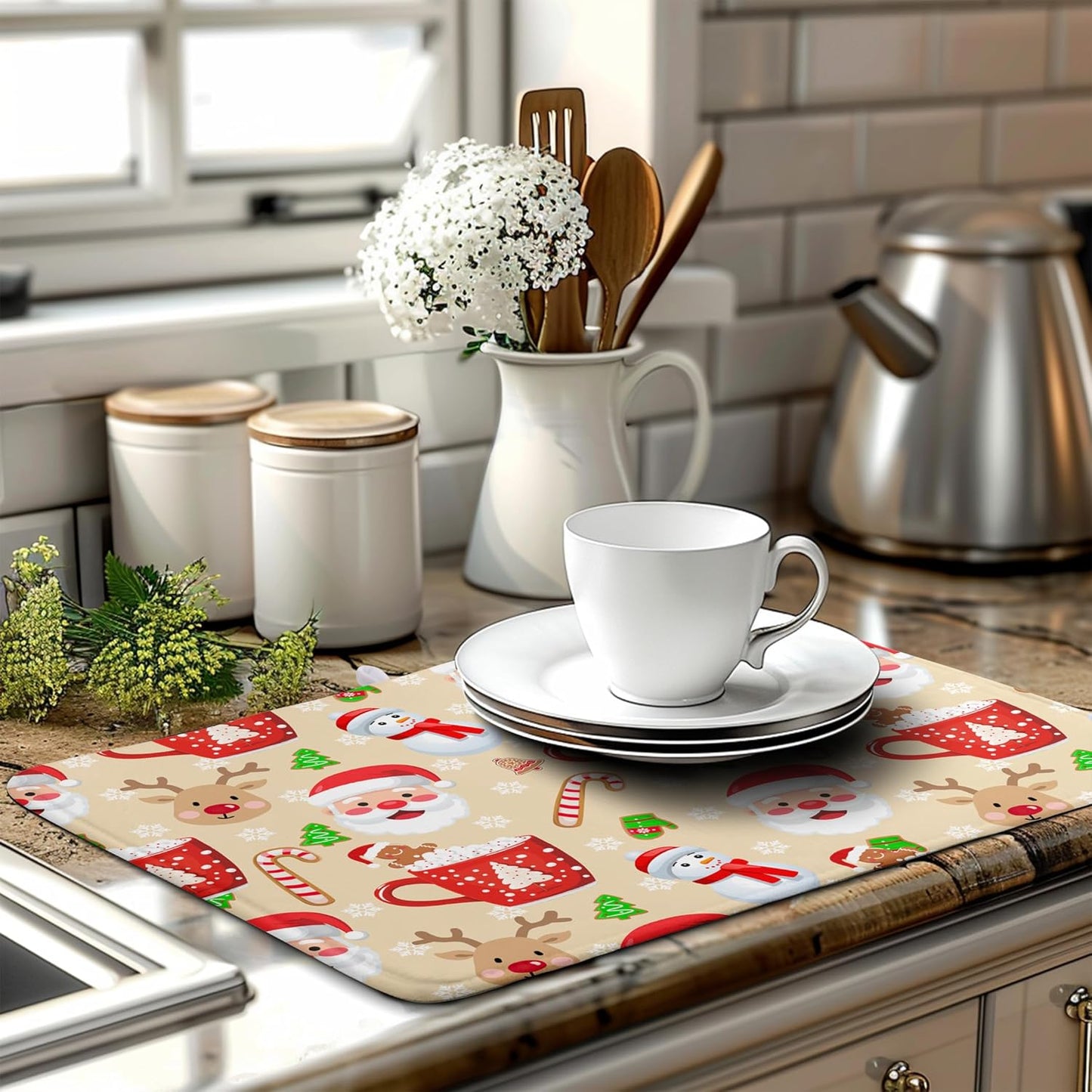 Christmas Gingerbread Man Dish Drying Mat Winter Snowflake Snowman Xmas Kitchen Drying Mat Dish Dryer Mat Absorbent Microfiber Dish Drying Mat Dish Draining Mat for Christmas Decorations 18x24 inch