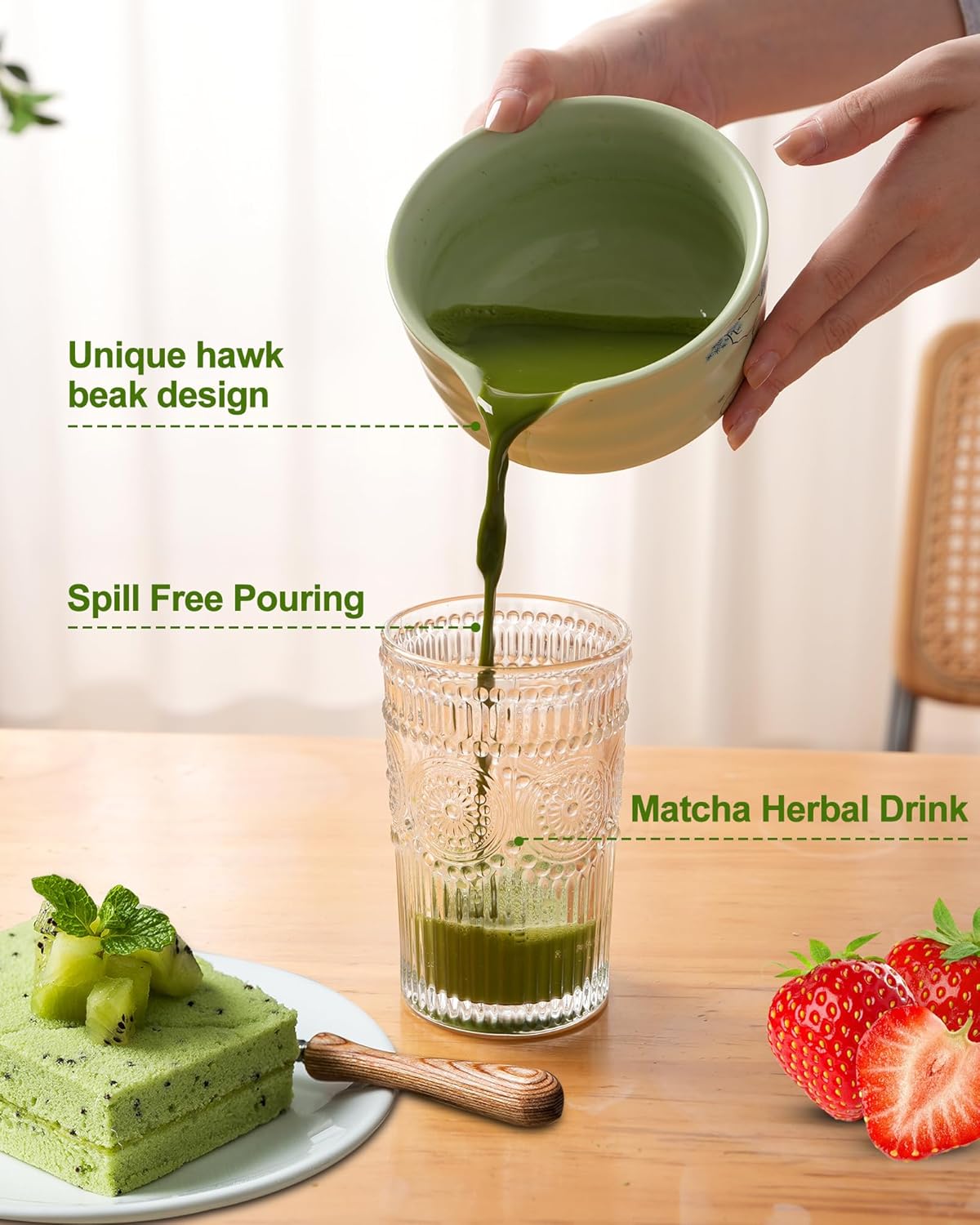 Matcha Whisk Set, Ceramic Matcha Set Includes Matcha Bowl, Matcha Whisk and Holder, Bamboo Scoop, Scoop Rest, Sifter and Tea Towel - 7 Pcs Matcha Kit(Green)