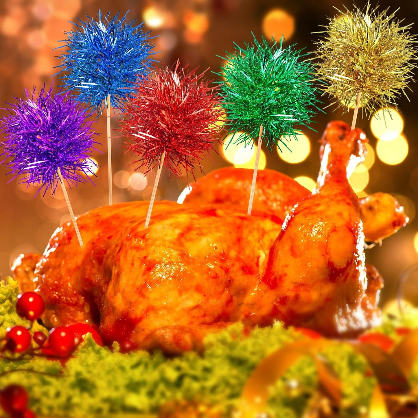 Chinco 100 Pcs Foil Firework Cupcake Toppers Sparkle Tinsel Cake Toppers Cake Decoration Cocktail Fruit Toothpick for Birthday Wedding Graduation Party(Bright Color)