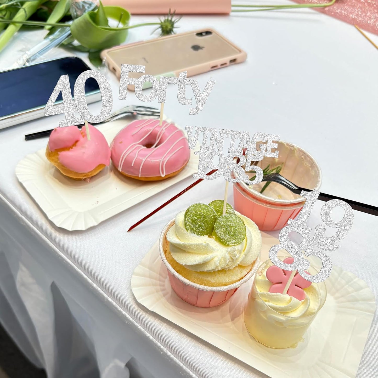 Gyufise 24Pcs Happy 40th Birthday Cupcake Toppers Glitter Forty 40 Fabulous Vintage 1985 Cake Toppers for 40th Birthday Wedding Anniversary Party Cake Decorations Supplies Silver