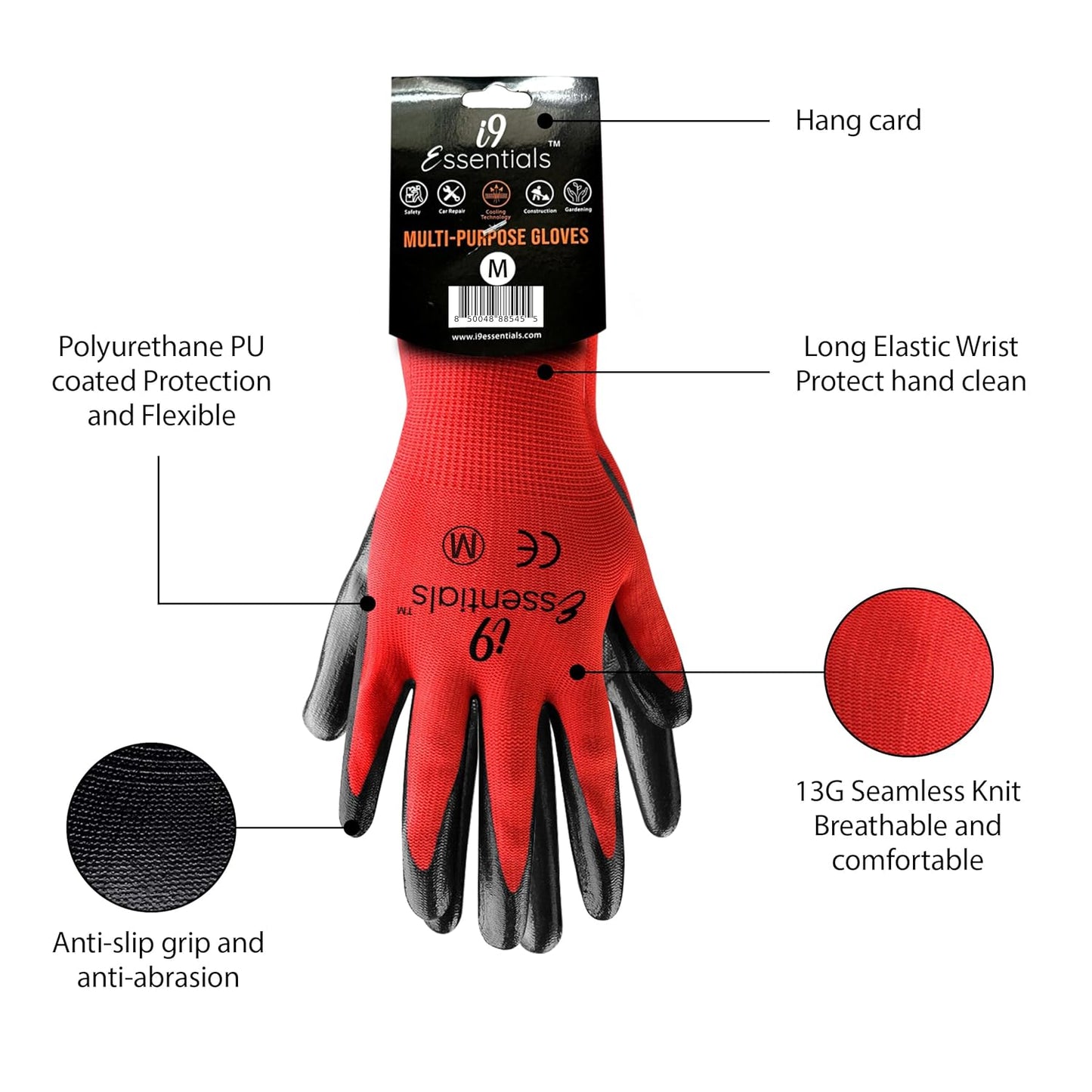 I9 Essentials 6 Pairs - Medium PU-Coated Seamless Work Gloves Lightweight Safety Gloves with Grip - Gardening, Construction, Woodworking