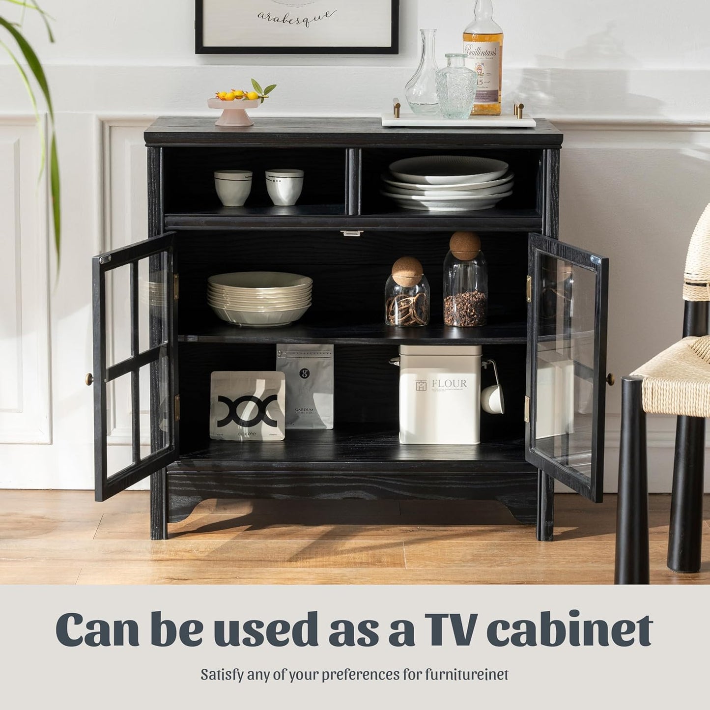 Chogori 31.5" Solid Wood Buffet Cabinet with Storage, Farmhouse Sideboard with 2 Doors, Coffee Bar Cabinet for Dining Room, Kitchen, or Living Room, Black