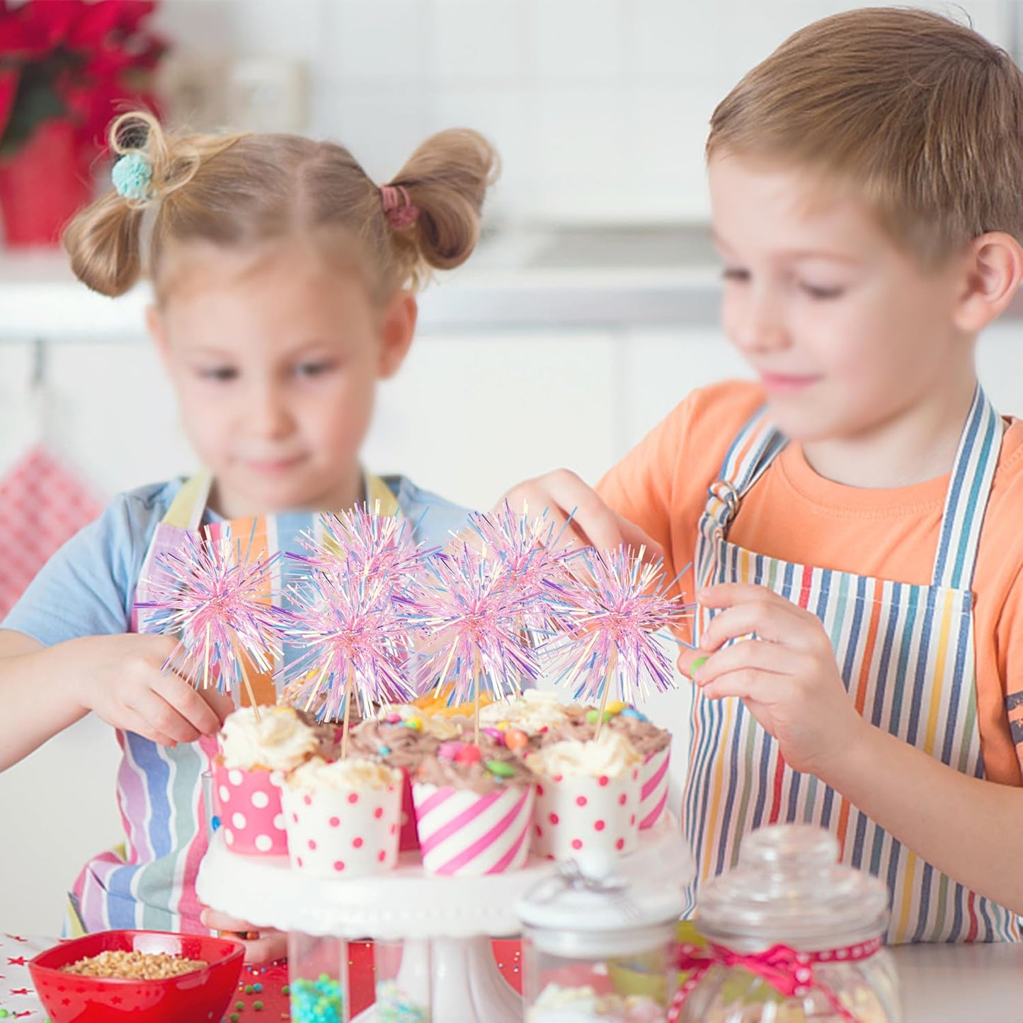 30 PCS Foil Firework Cupcake Toppers Happy Birthday Cupcake Toppers Sparkle Tinsel Flower Drink Stirrers Cocktail Fruit Toothpicks for Valentine's Day Baby Shower Party Cake Decor Supplies Pink