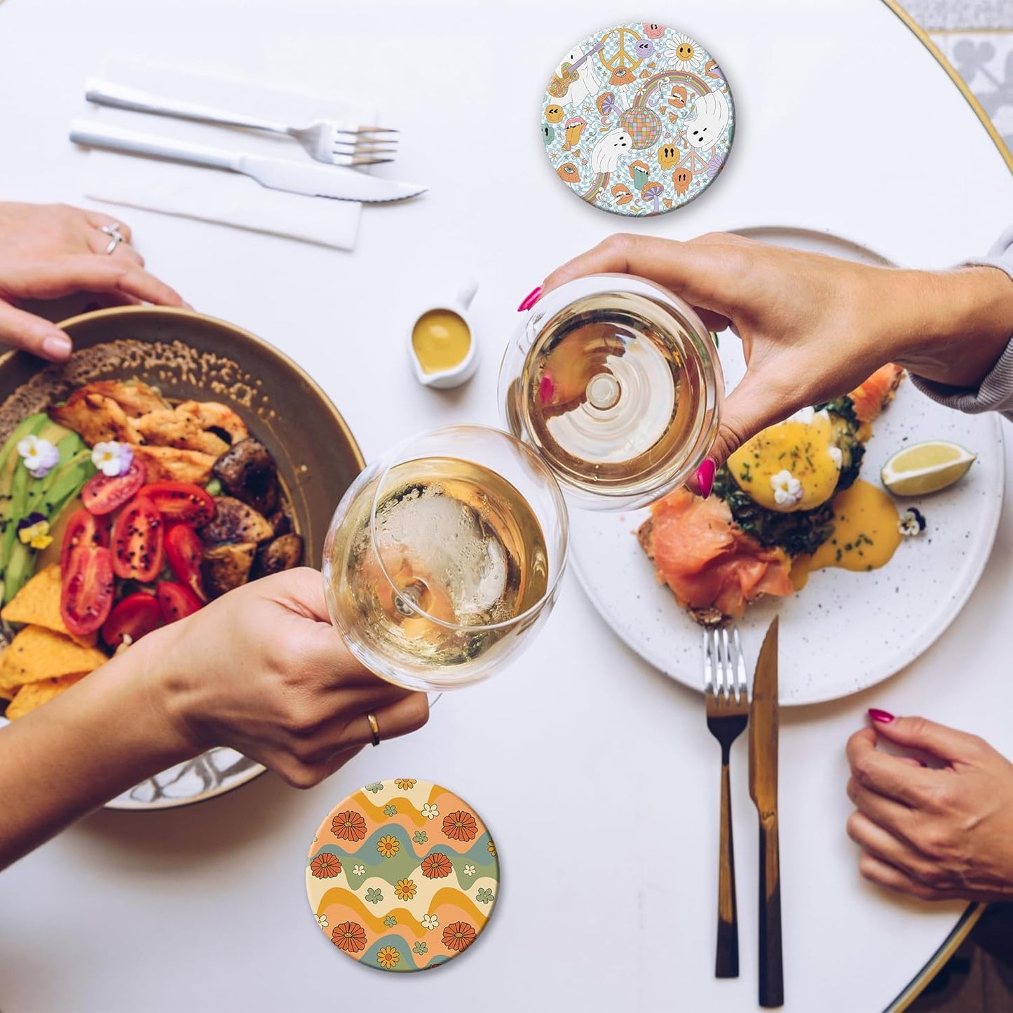 Table Coaster for Drinks Set of 6, Retro 70s Colorful Groovy Round Ceramic Coasters,with Cork Base and Metal Holder,Great Housewarming Birthday Gifts,Home Decor