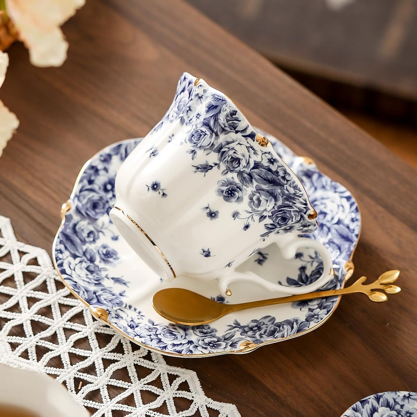 TATSUMI Country Roses Bone China Tea Cup and Saucer Set, 6 Pieces, Vintage Style, For Women and Tea Parties(sky blue,6 sets)