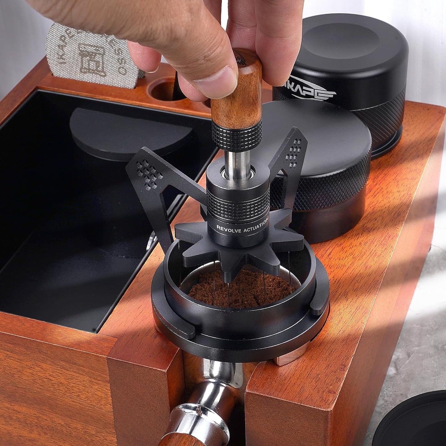 IKAPE Mantis WDT Distribution Tool, V3-51mm Espresso Stirrer Distribution Tool for Barista - 8 Needle Espresso Stirrer with Dosing Funnel & Stand, Adjustable Needle Height, Walnut Handle