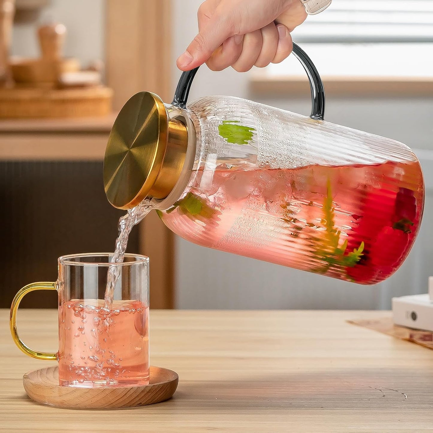 2 PACK Glass Pitcher with Lid,68 oz/ 2 Liter Vertical Stripes Water Pitcher With Black Handle,Glass Water Carafe for Cold Brew,Coffee, Lemonade, Iced Sun Tea,Beverage, Milk Heat Resistant