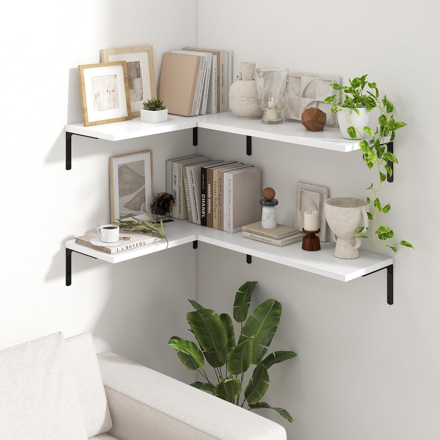 Fun Memories Deep Floating Shelves, 24W x 8D Floating Shelves Set of 2, Wall Mounted Shelf with Metal Brackets, Rustic Wood Wall Shelf for Bathroom, Kitchen and Living Room, White